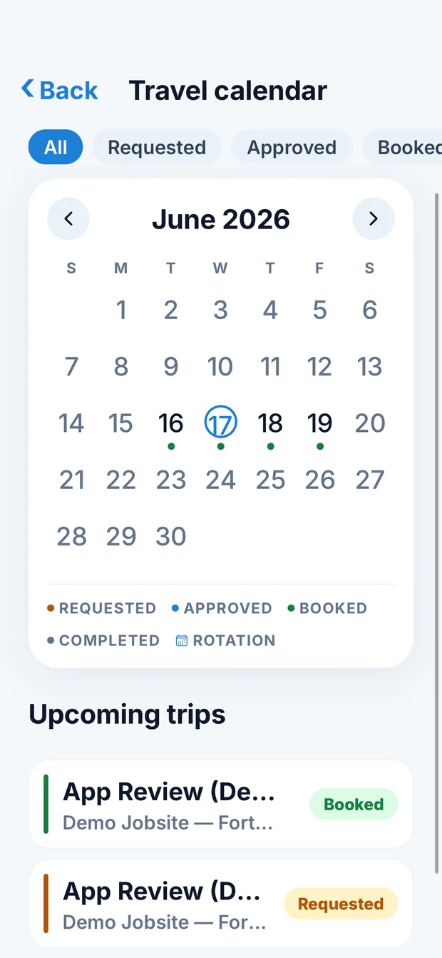 Travel calendar screen