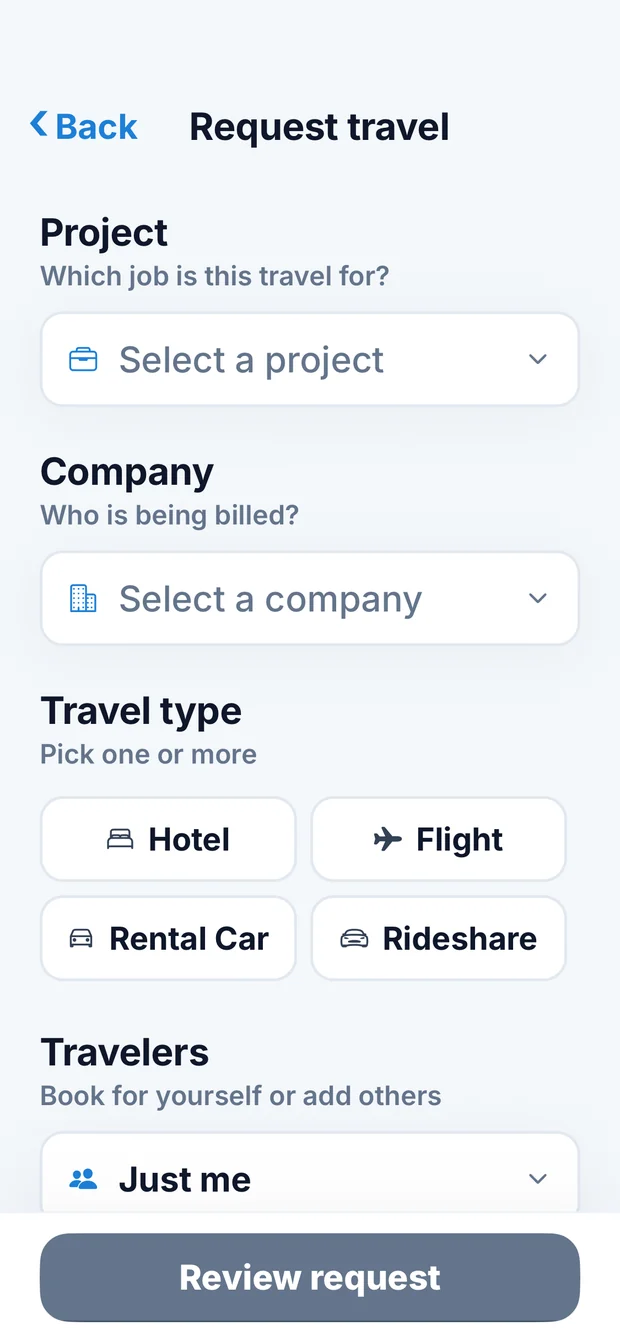 Request travel screen
